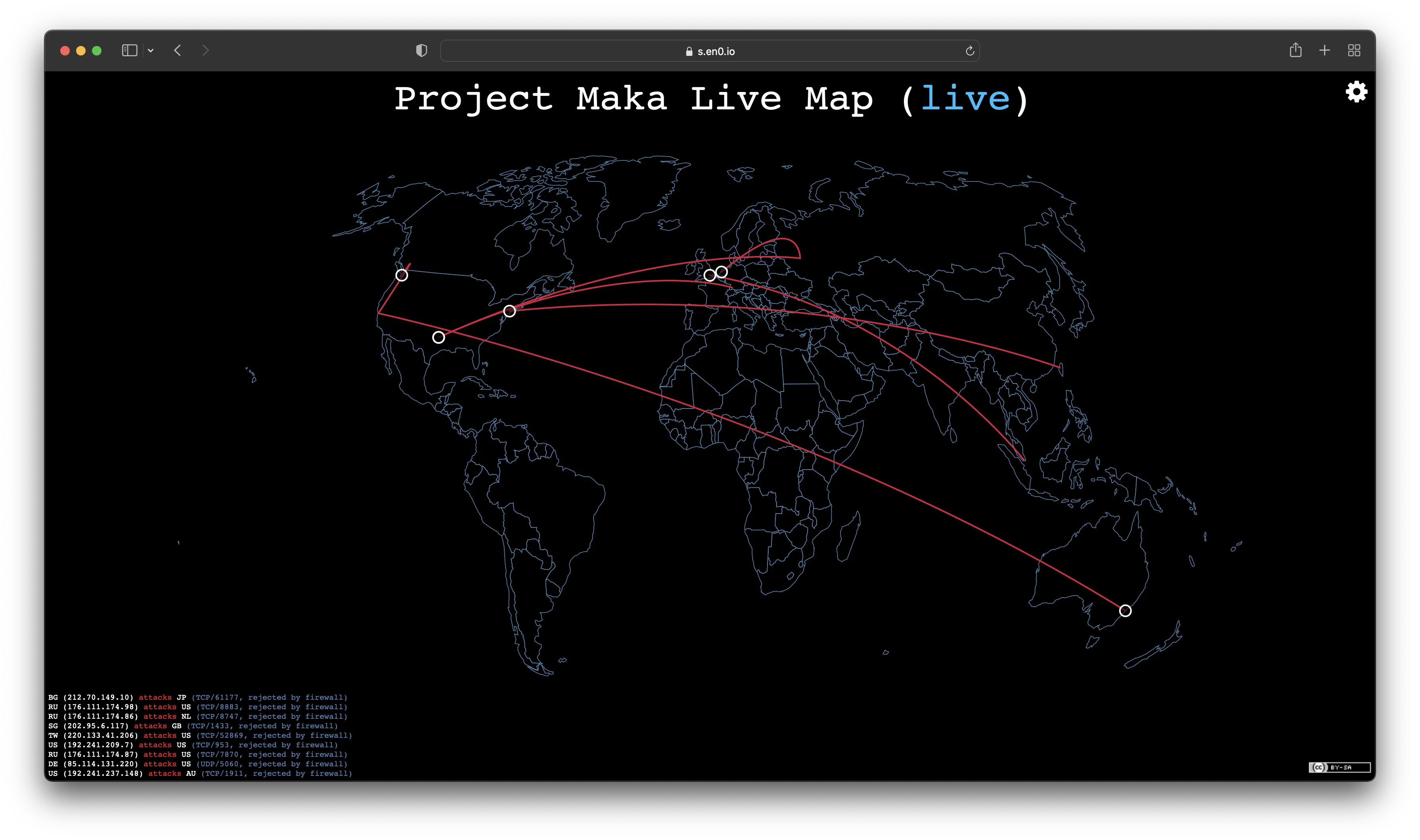 A screenshot of Safari running on macOS. In the browser, there is a page titled \"Project Maka Attack Map (live)\". Below it, there is a light blue outline of the world map. There are red lines travelling between points on the map, terminating in white circles at their destinations.